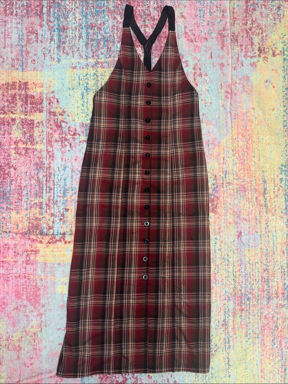 UNIF Red and Beige Plaid Button-Front Pinafore Dress